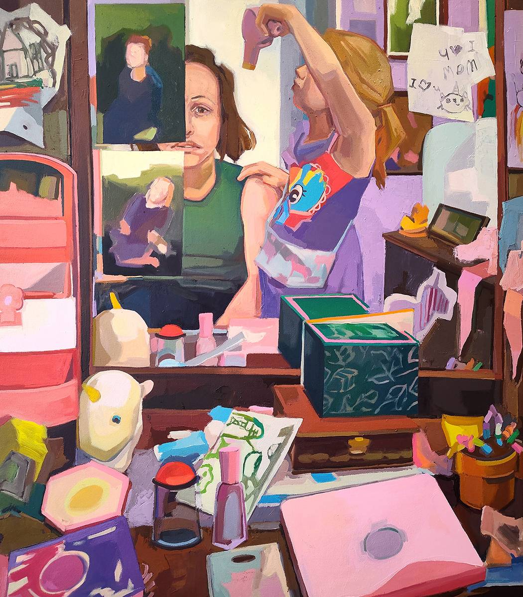 Oil painting of A child using a hair dryer next to an adult in a cluttered room with mirrors, toys, and art supplies scattered on a desk.